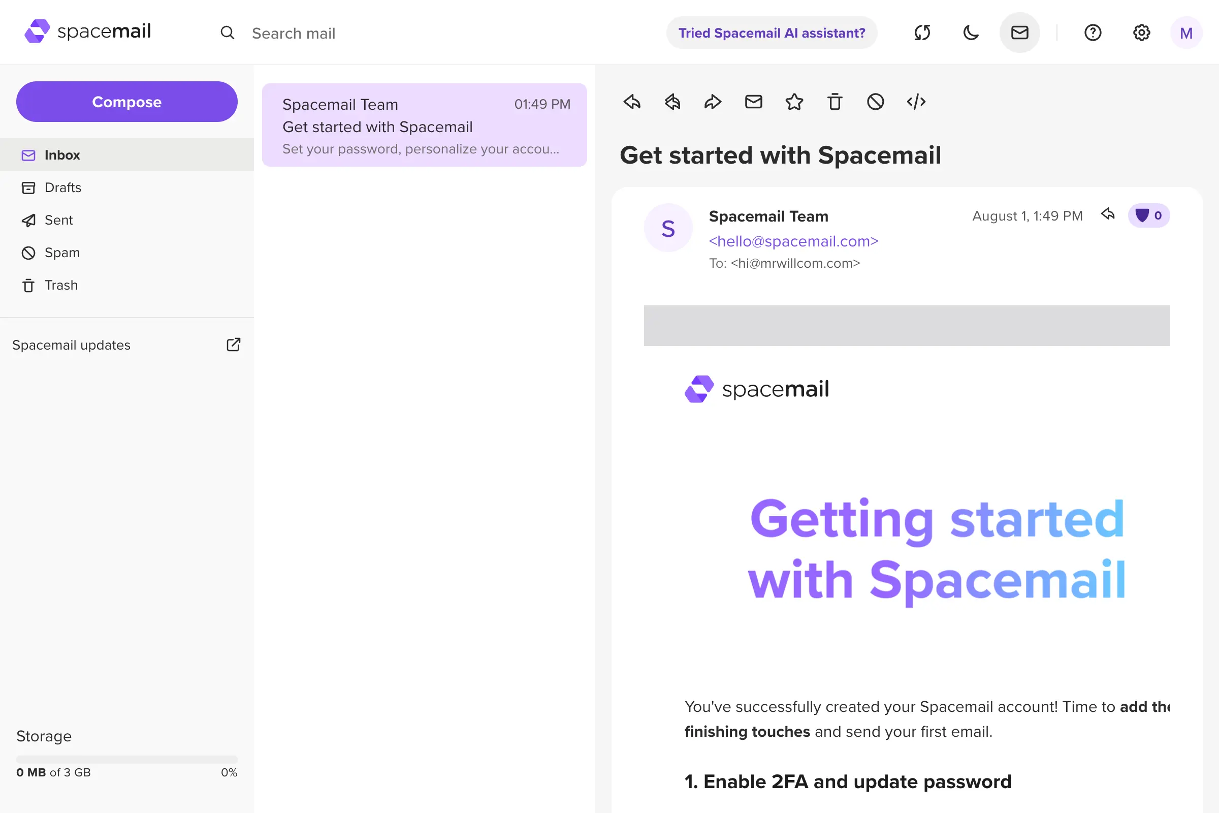 A screenshot of Spacemail web interface.