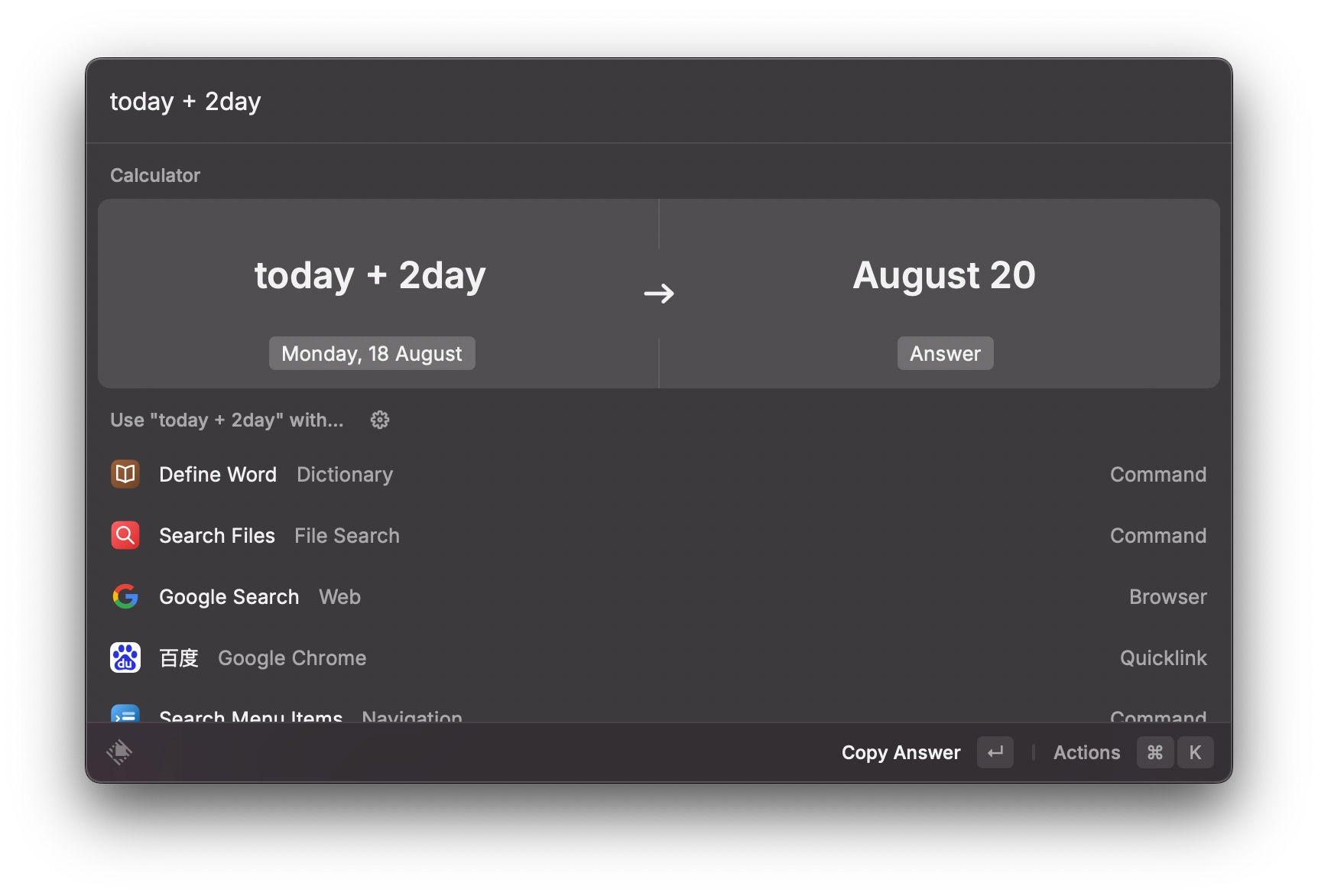 A screenshot of Raycast's date and time calculator.