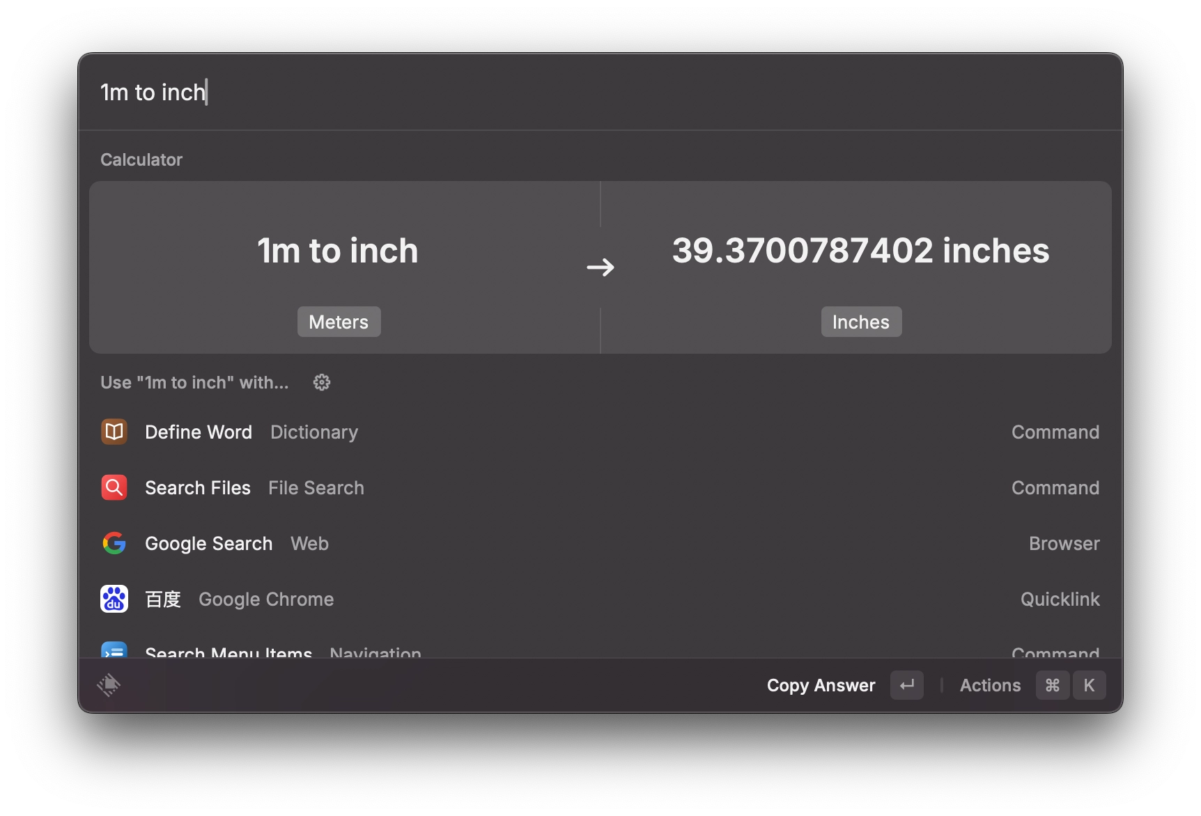 A screenshot of Raycast's unit converter.