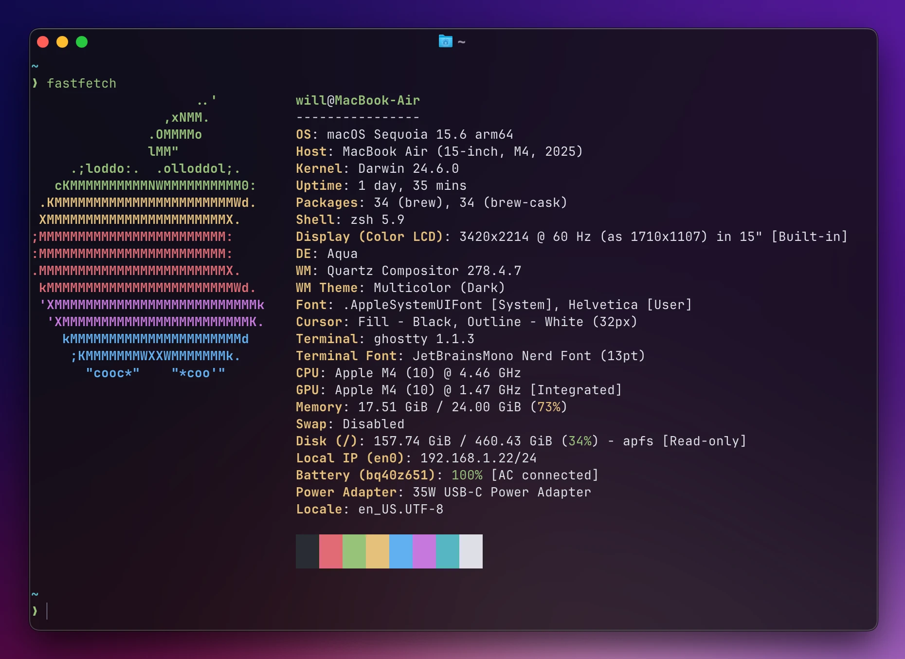 A screenshot of the result of `fastfetch` in Ghostty