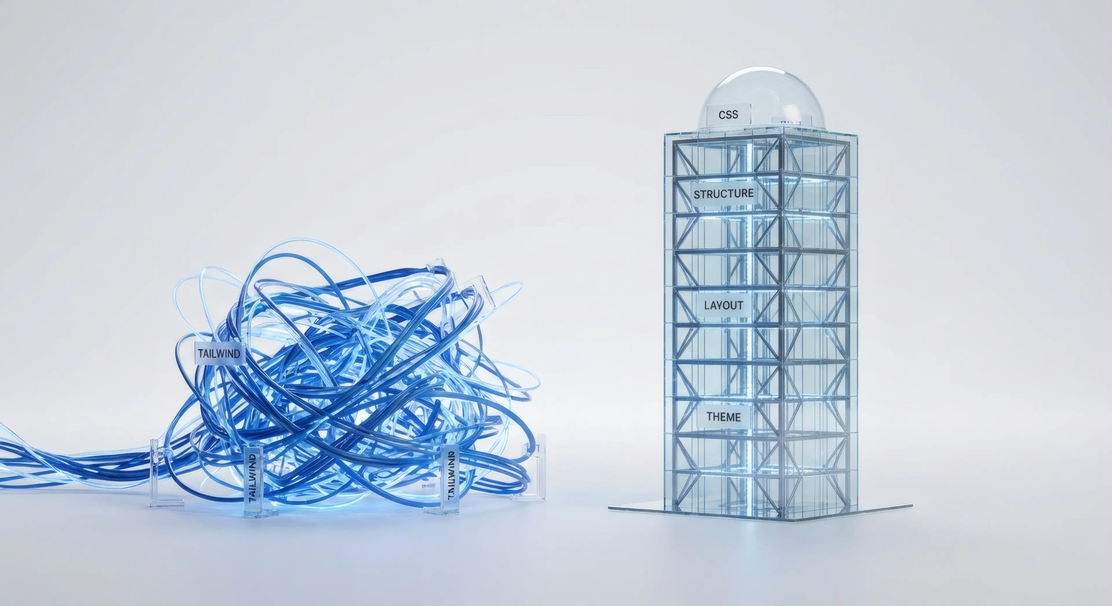 A tangled knot of blue glowing wires labeled "Tailwind" sits next to a glass tower labeled "CSS" with organized levels for structure, layout, and theme.
